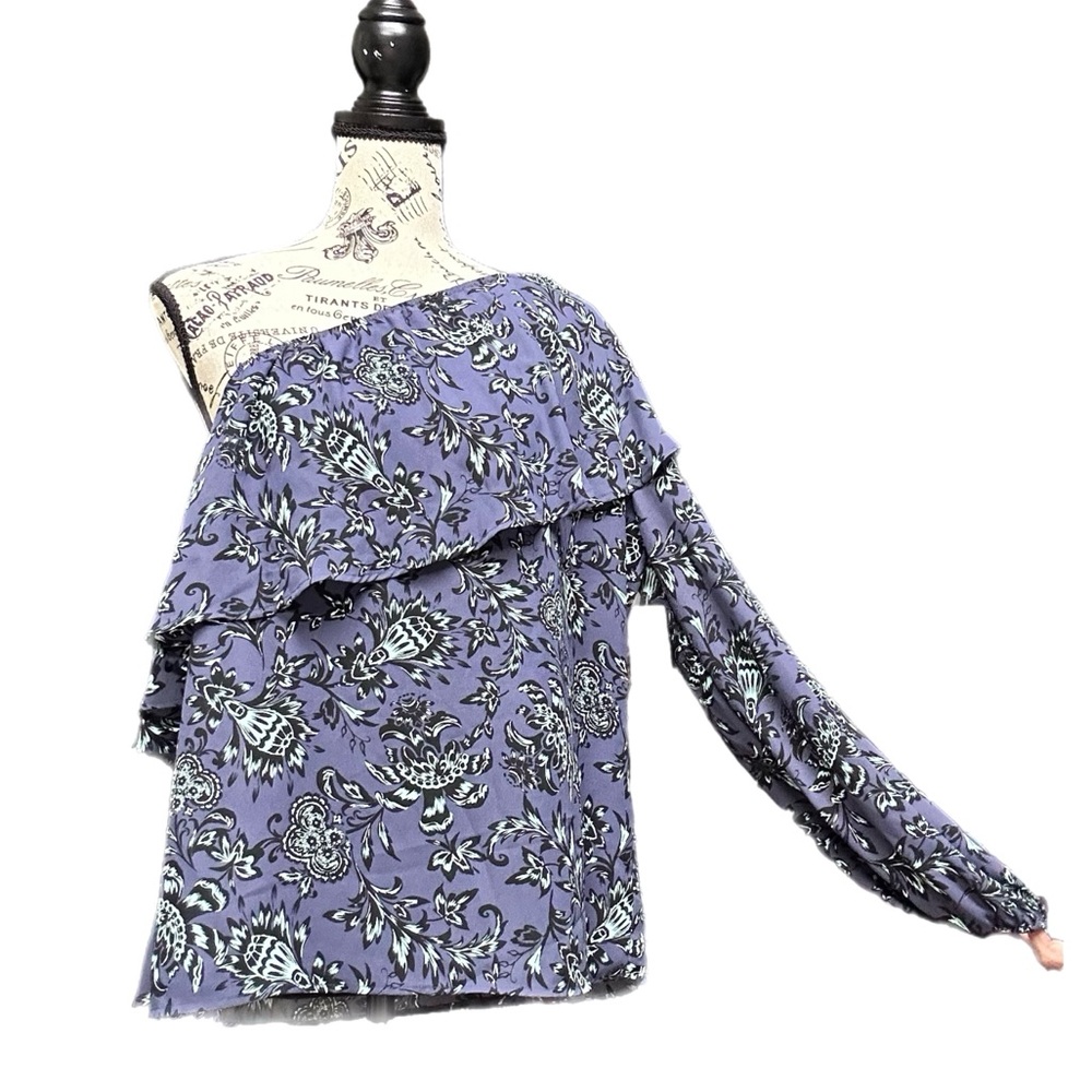Belle & Sky Womens One Shoulder Top Blue Floral Medium Blouse Noneya Indigo